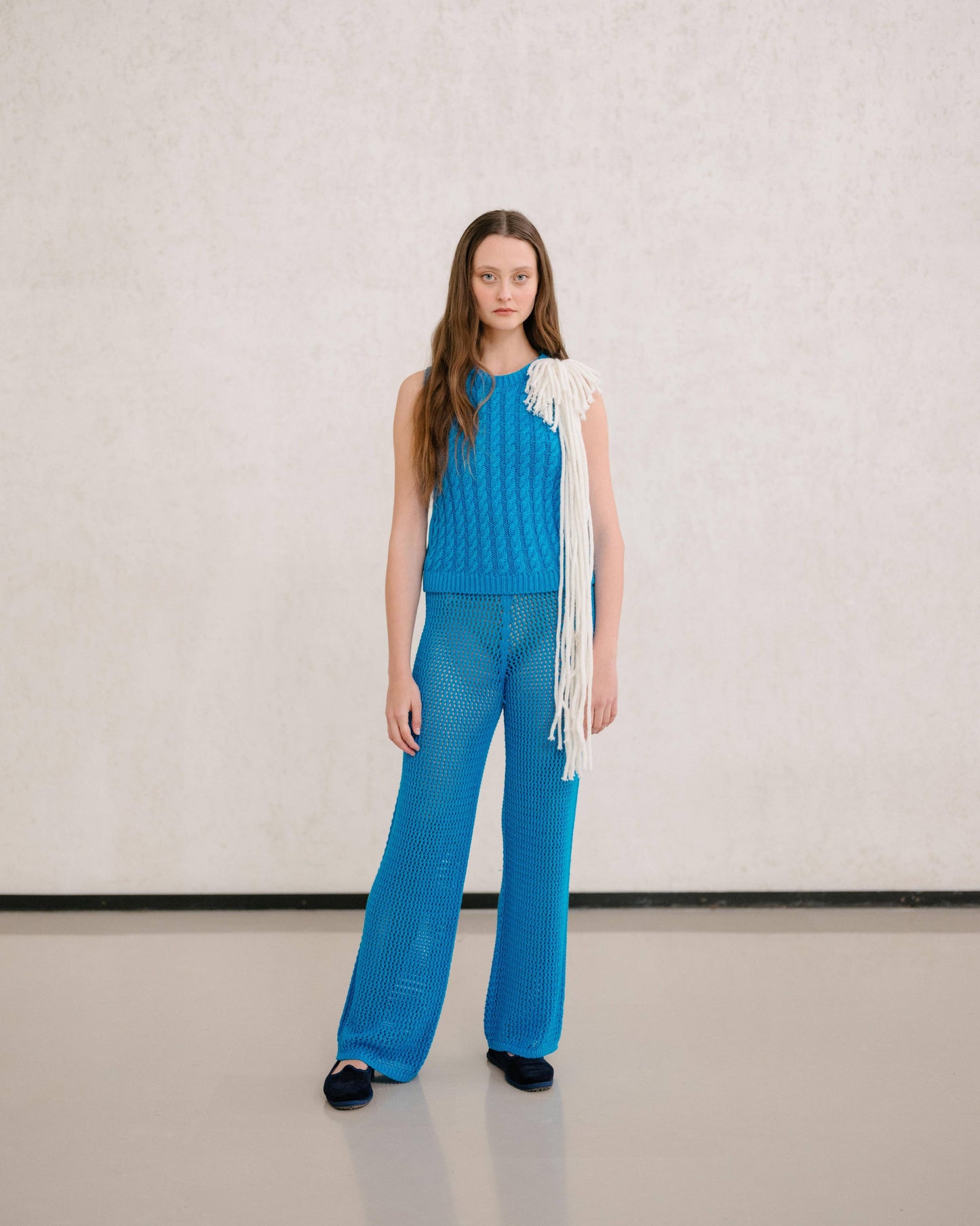 Fine Cotton Cable Tank Top (3D-Knit) | Swedish Blue