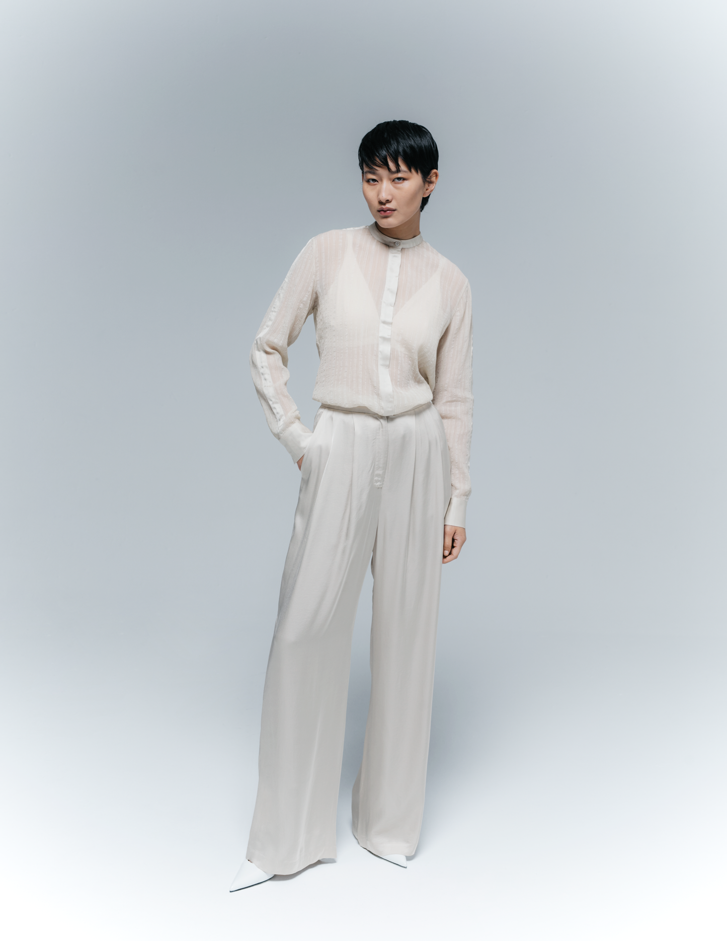Mao-collar crinckle shirt
