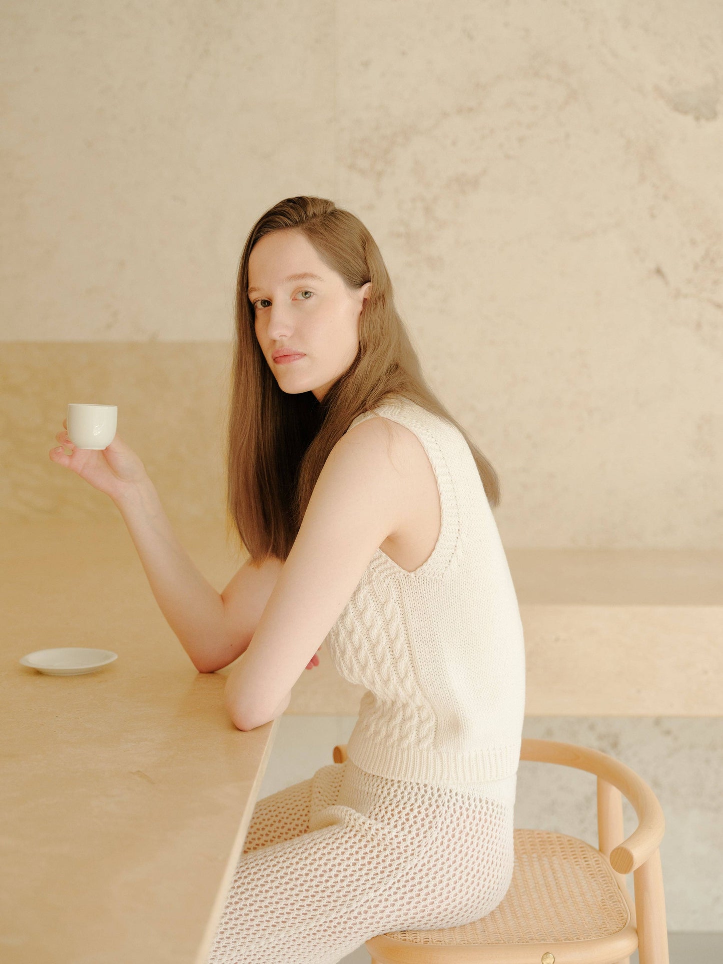 Fine Cotton Cable Tank Top (3D-Knit) | White