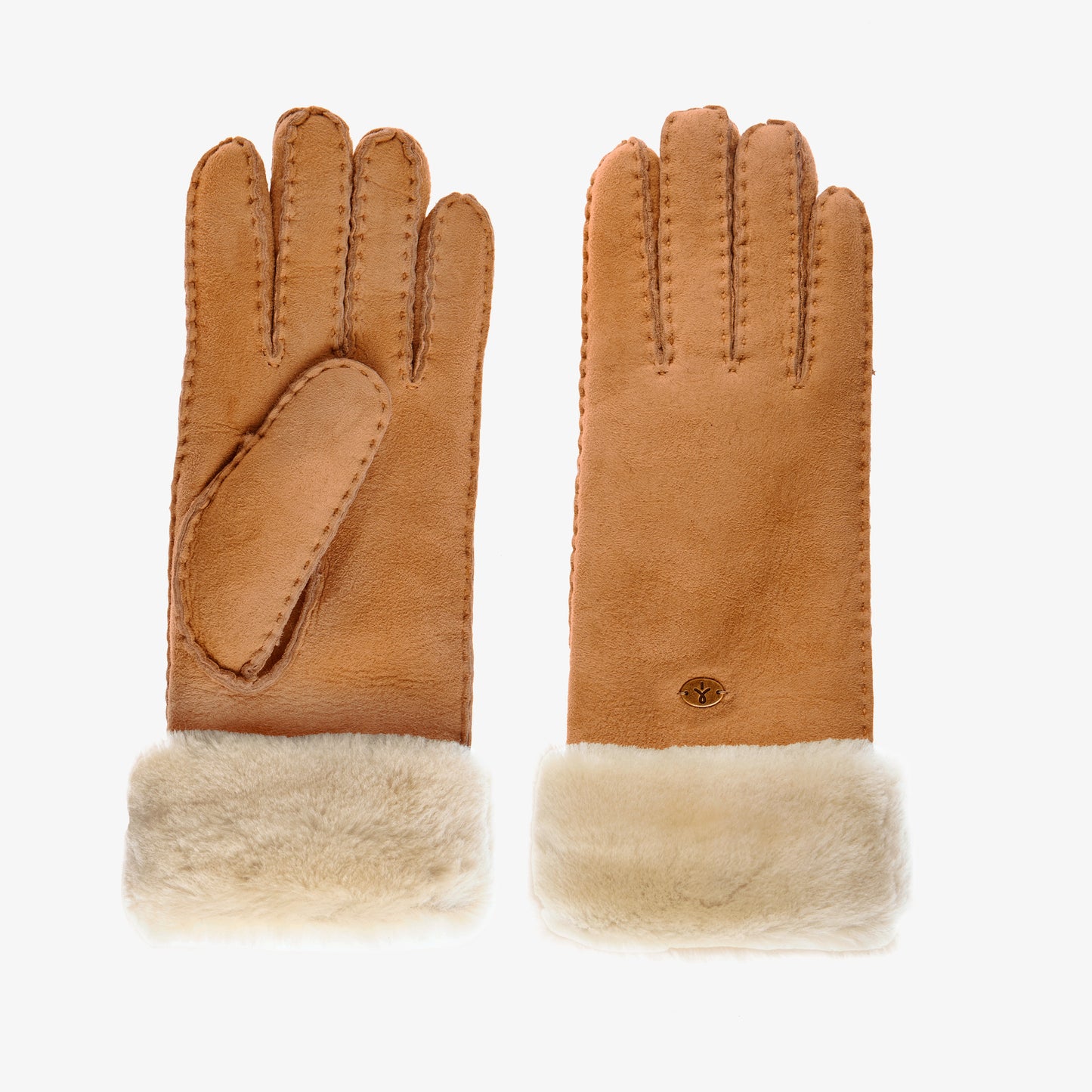 Pair of brown leather gloves with white wool trim on a white background