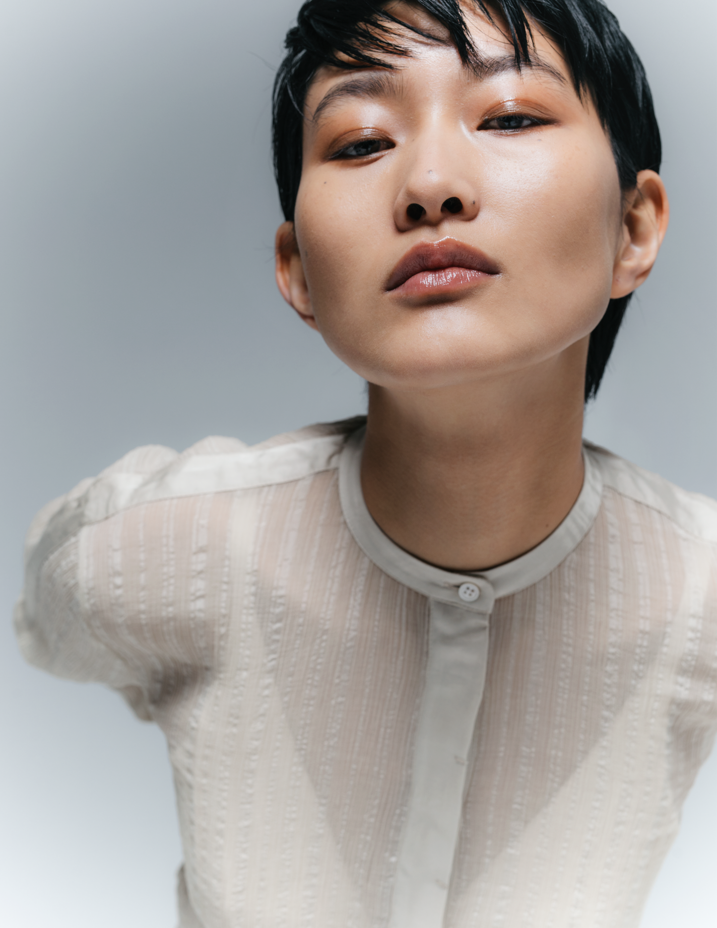 Mao-collar crinckle shirt
