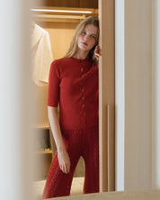 Fine Cotton Ribbed Cardigan | Red