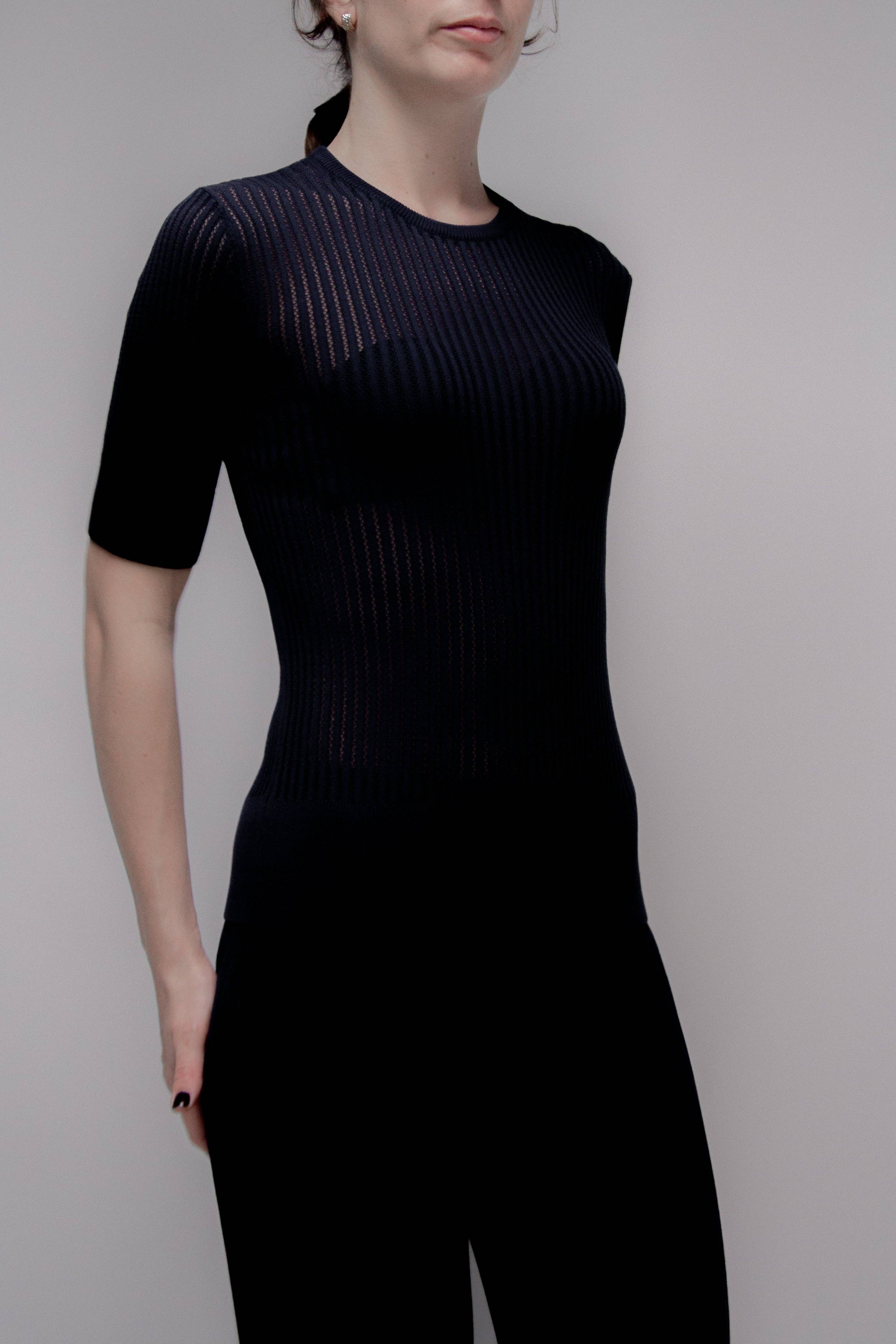 Feines Baumwoll-T-Shirt mit Micro-Pointelle-Muster | Navy