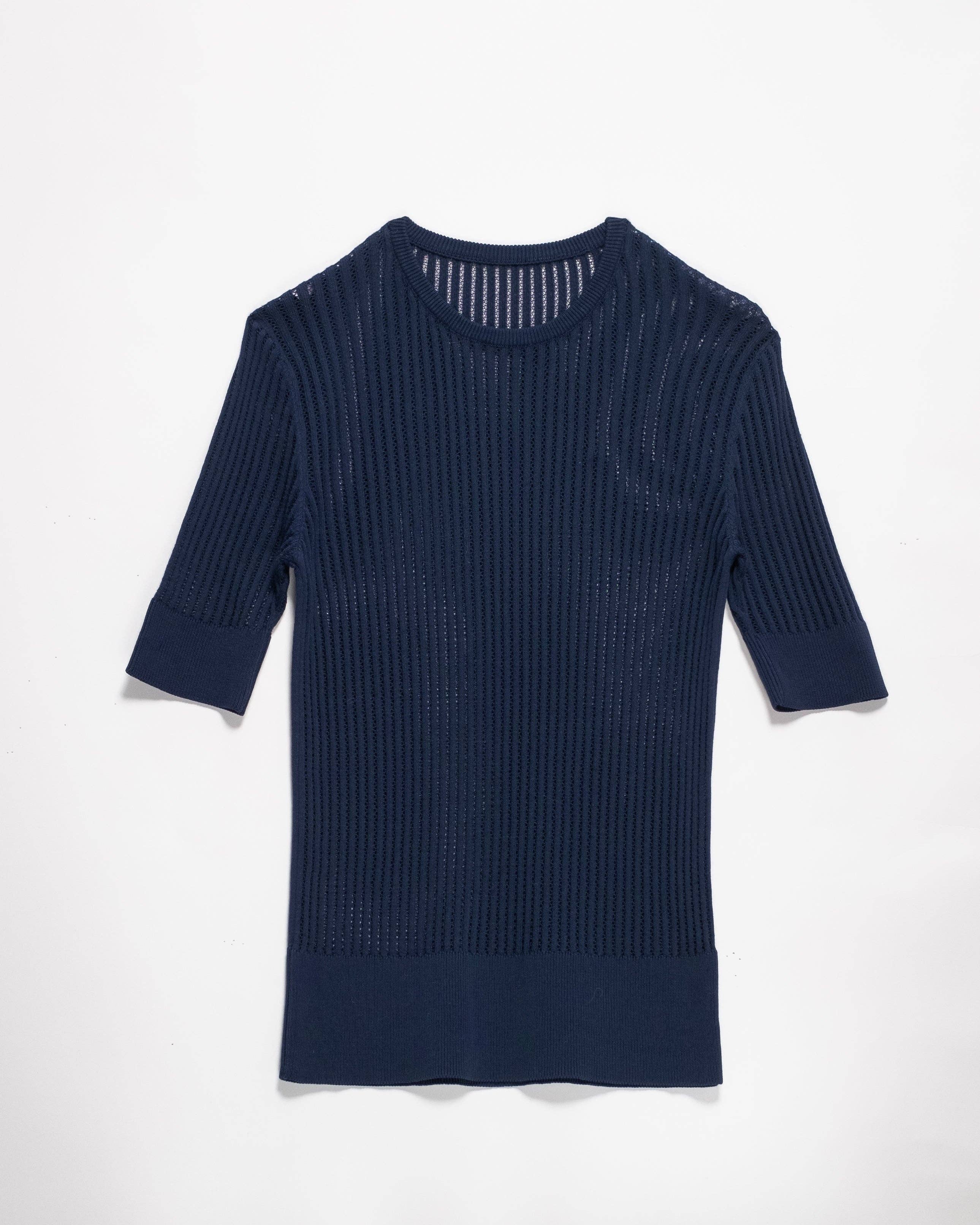 Feines Baumwoll-T-Shirt mit Micro-Pointelle-Muster | Navy
