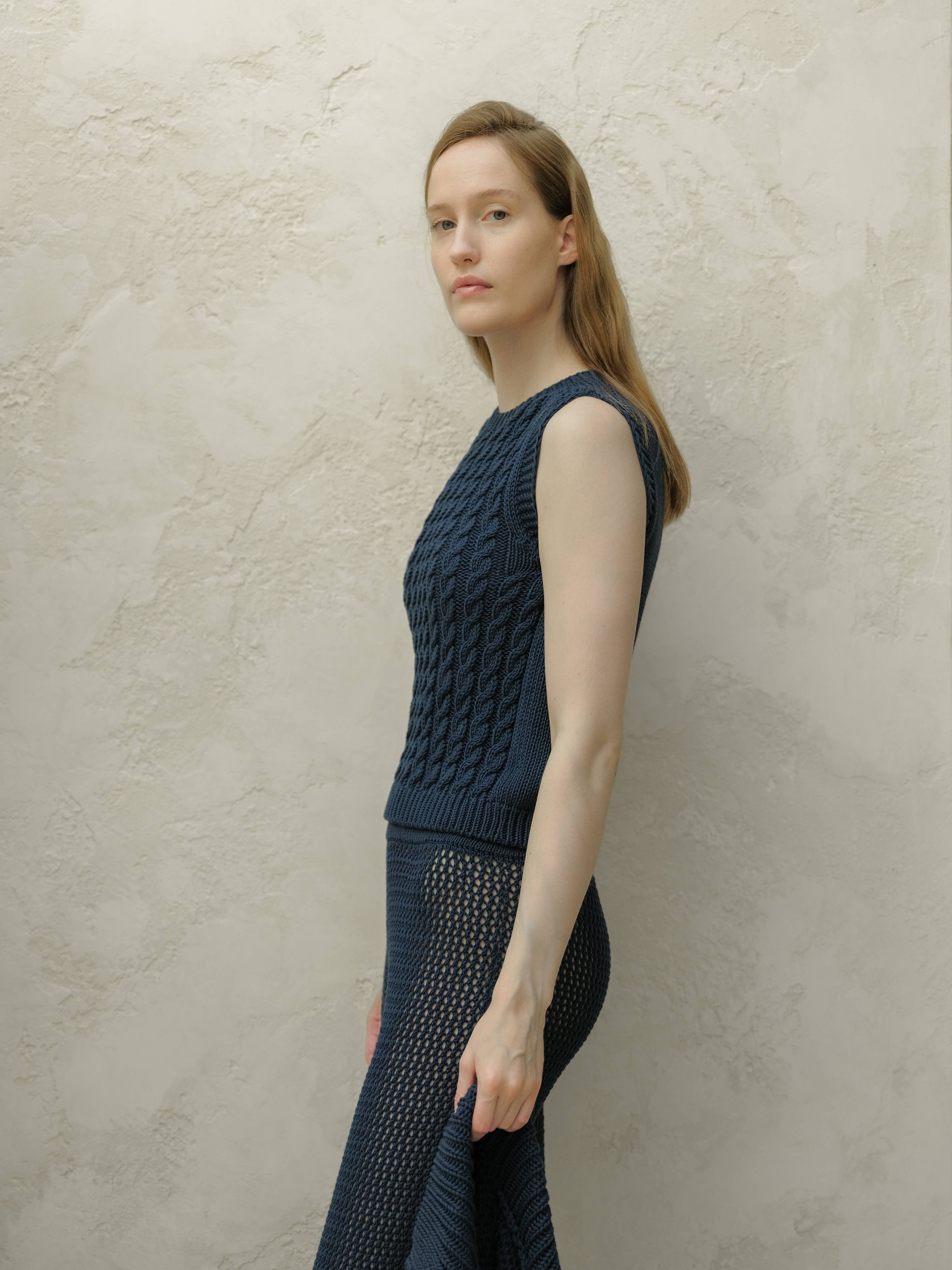 Fine Cotton Cable Tank Top (3D-Knit) | Navy