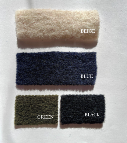Four color swatches labeled 'Beige', 'Blue', 'Green', and 'Black' on a white background.