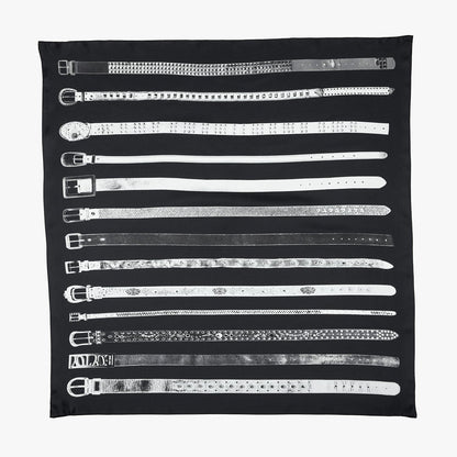 Silk scarf with scans of a belt collection printed onto a black background