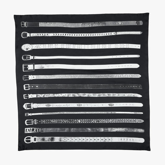 Silk scarf with scans of a belt collection printed onto a black background
