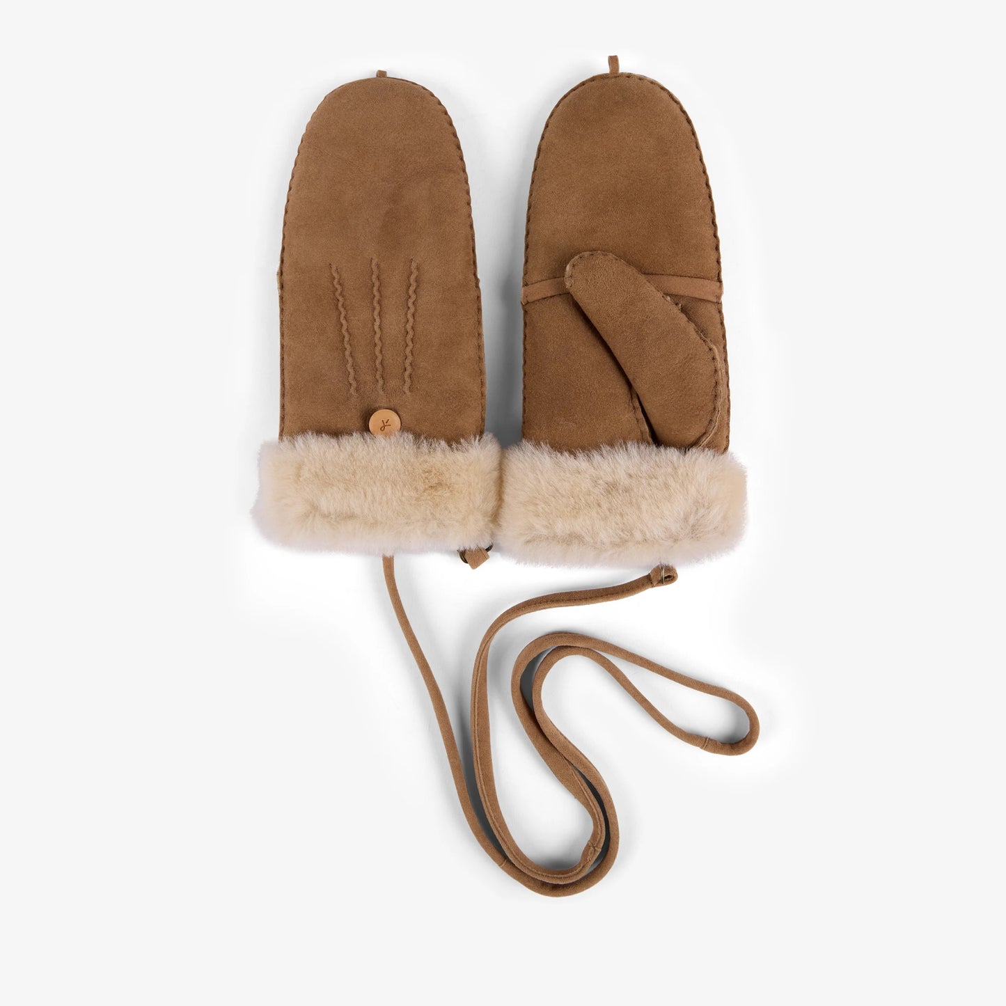 Pair of brown suede mittens with wool trim on a white background
