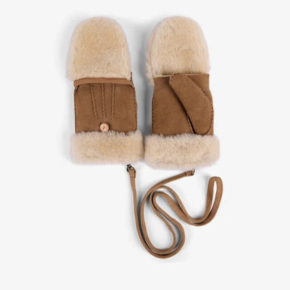 Pair of brown mittens with wool trim on a white background