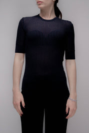 Feines Baumwoll-T-Shirt mit Micro-Pointelle-Muster | Navy