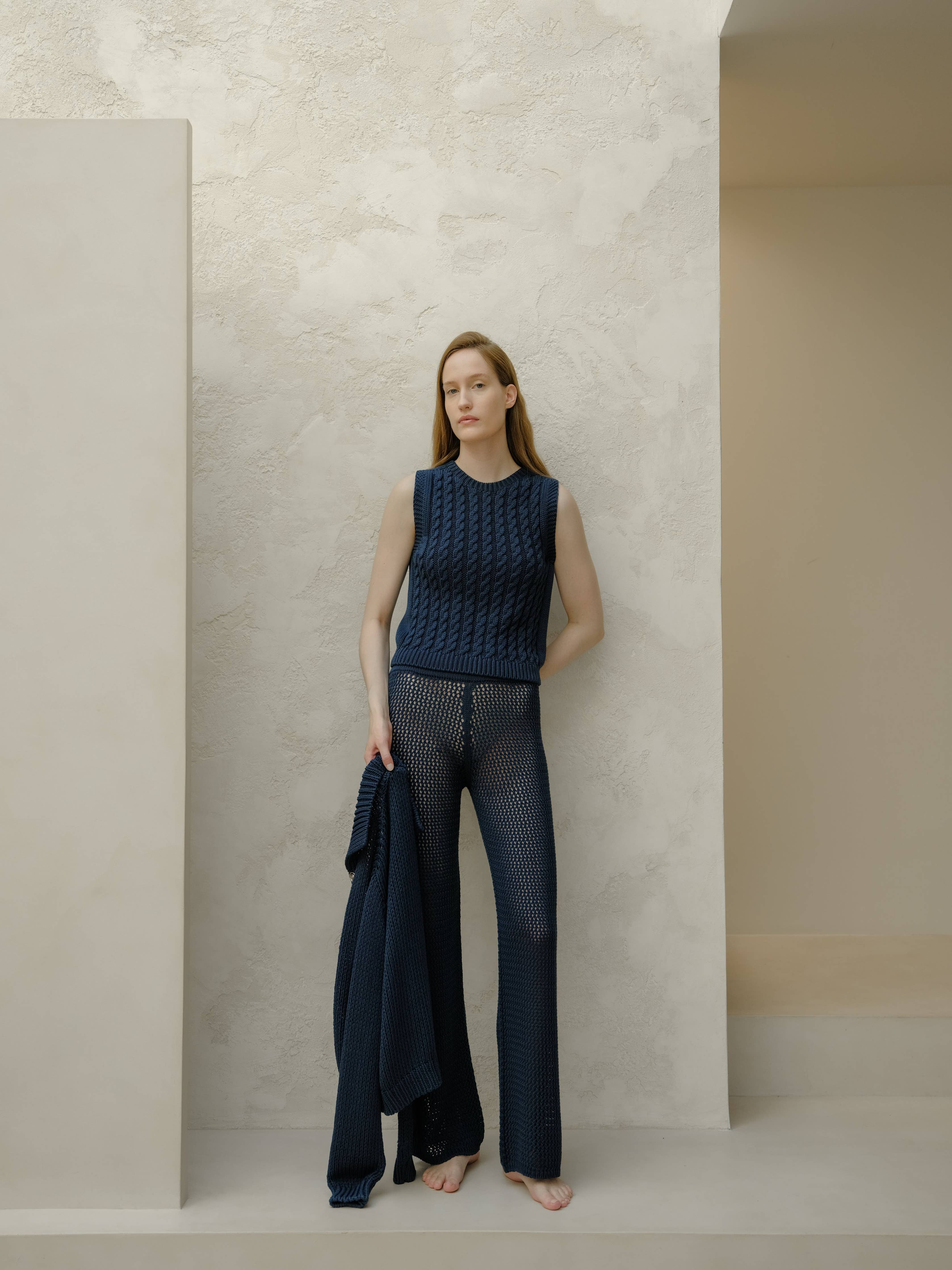 Fine Cotton Cable Tank Top (3D-Knit) | Navy