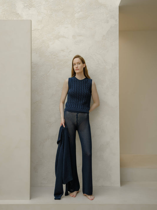 Fine Cotton Cable Tank Top (3D-Knit) | Navy