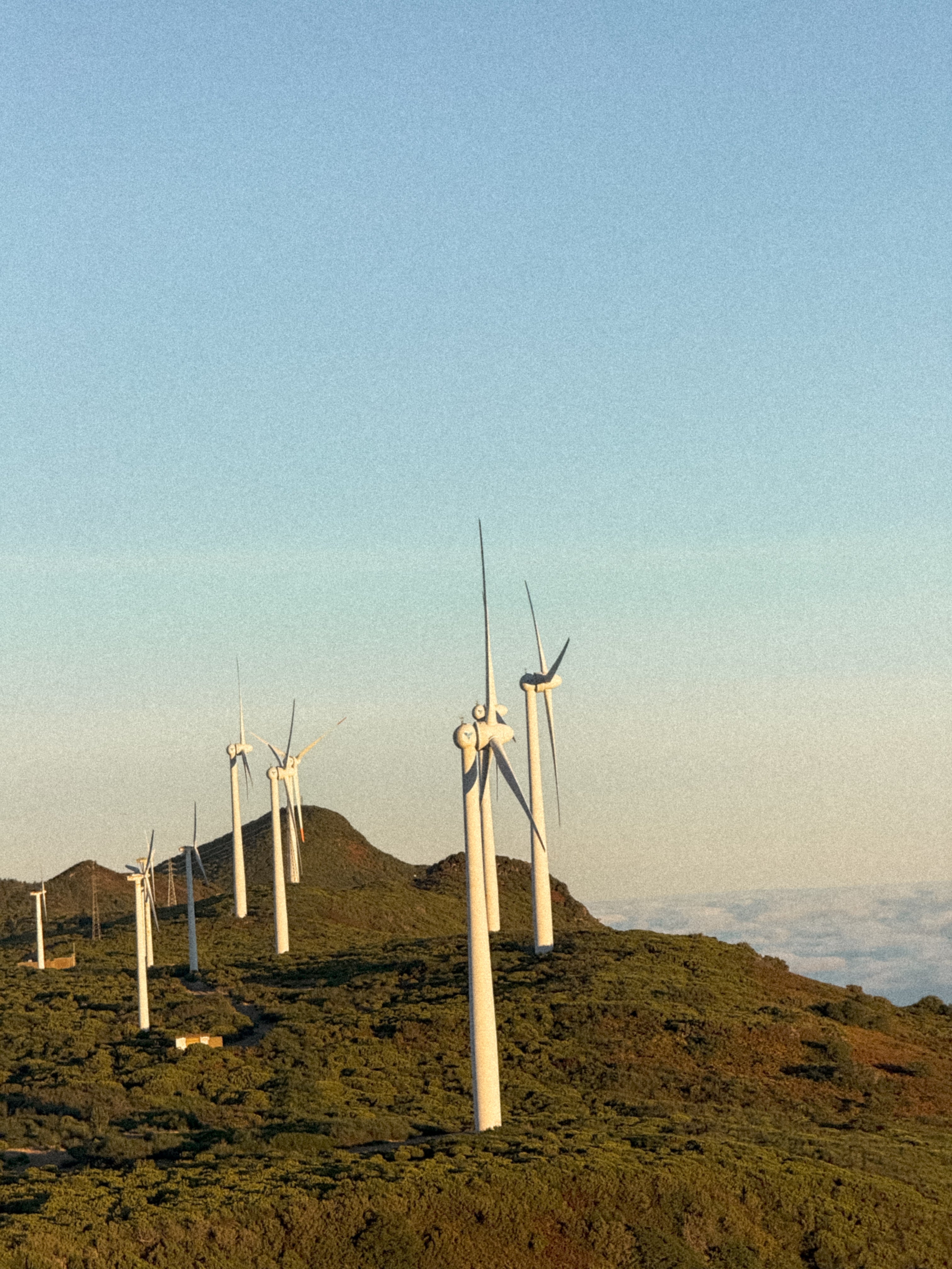 Wind turbines on a hillside with a clear sky