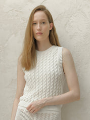 Feines Baumwoll-Tanktop mit Zopfmuster (3D-Strick) | Weiß