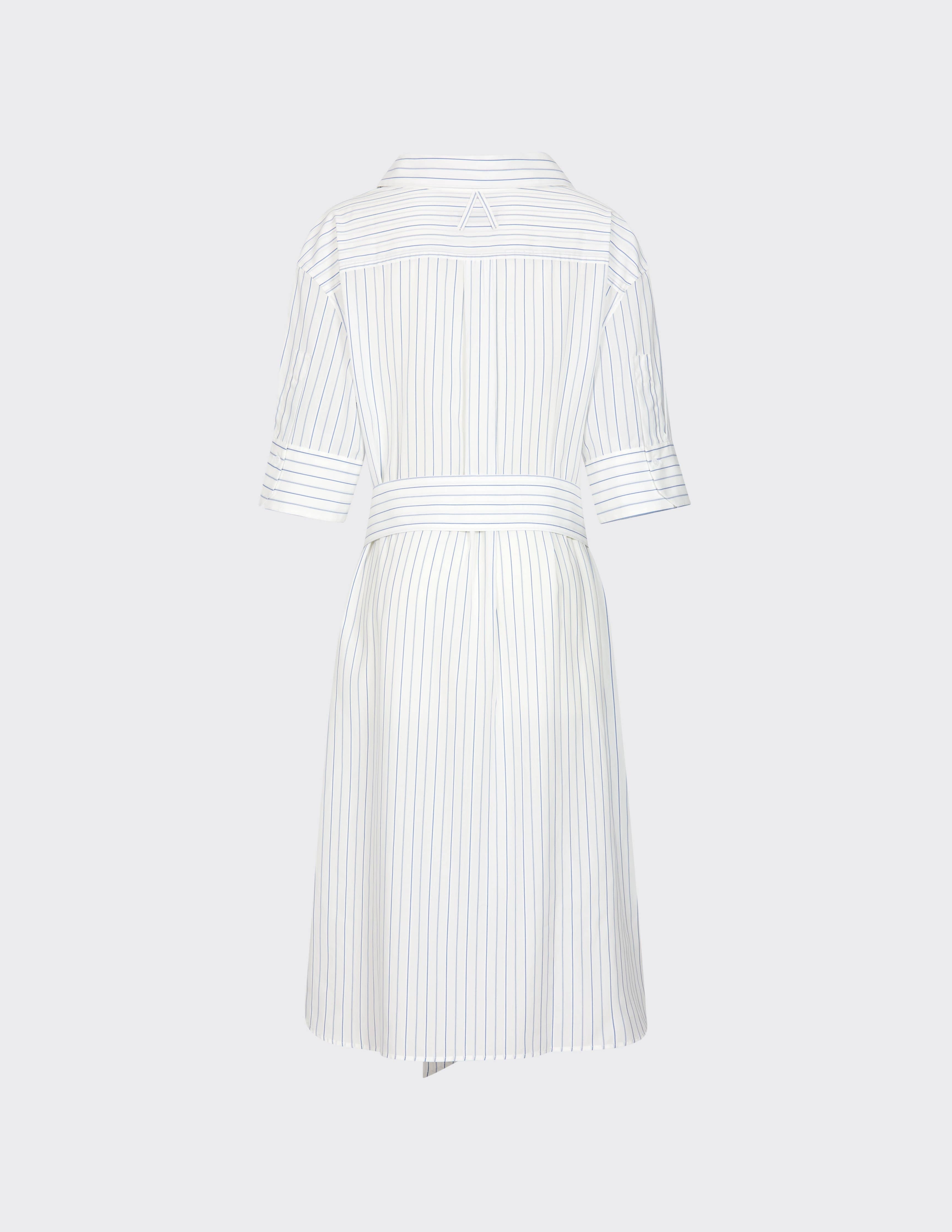 Back of white dress with thin blue stripes on a light gray background