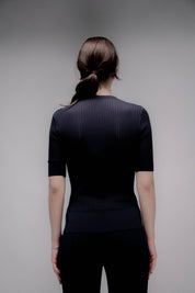 Feines Baumwoll-T-Shirt mit Micro-Pointelle-Muster | Navy