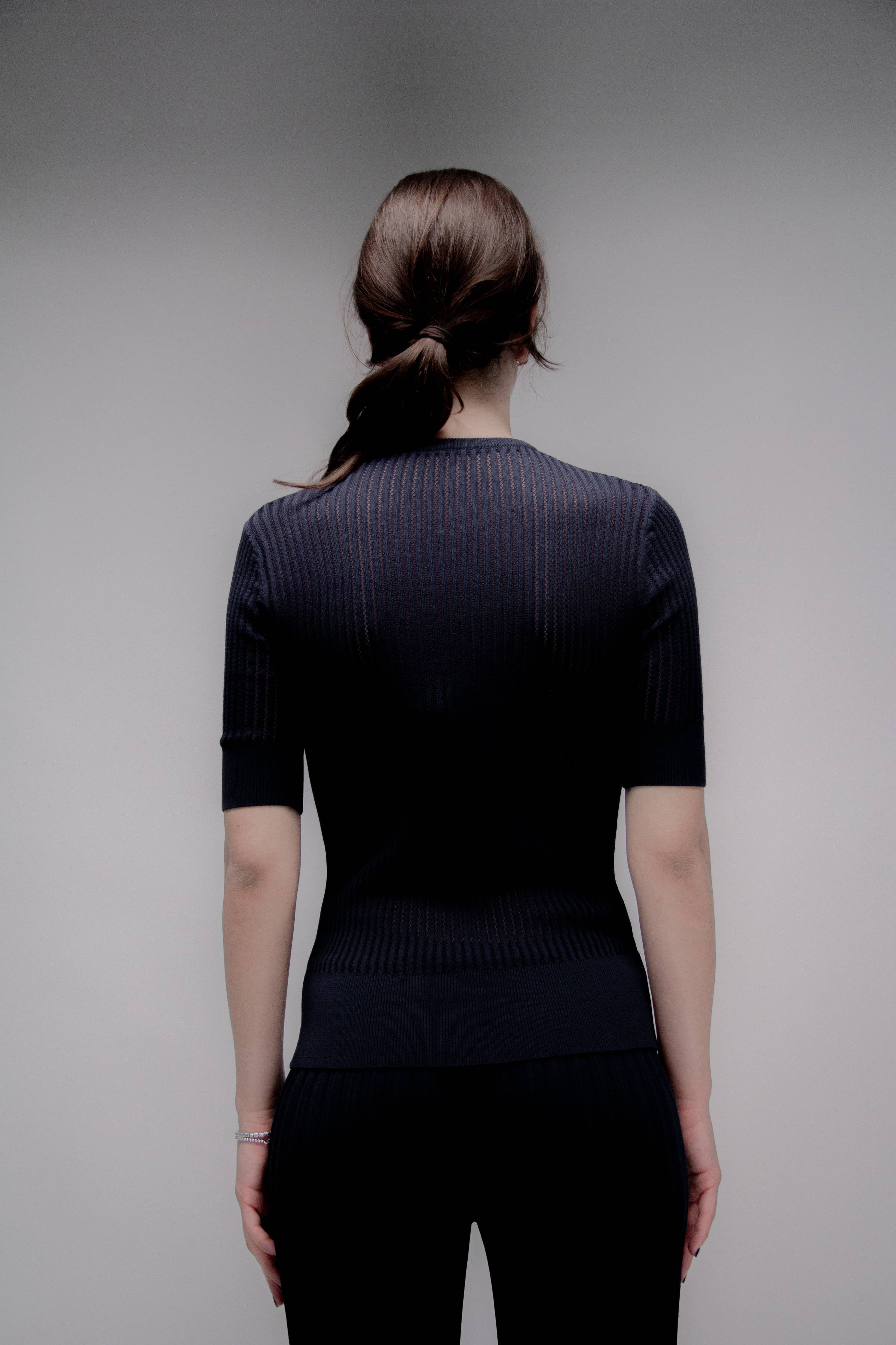 Feines Baumwoll-T-Shirt mit Micro-Pointelle-Muster | Navy