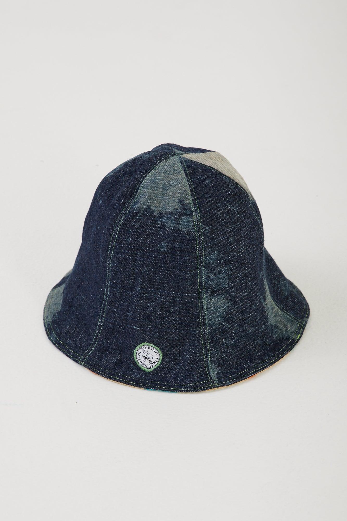 Upcycled deadstock denim and wool blanket hat 